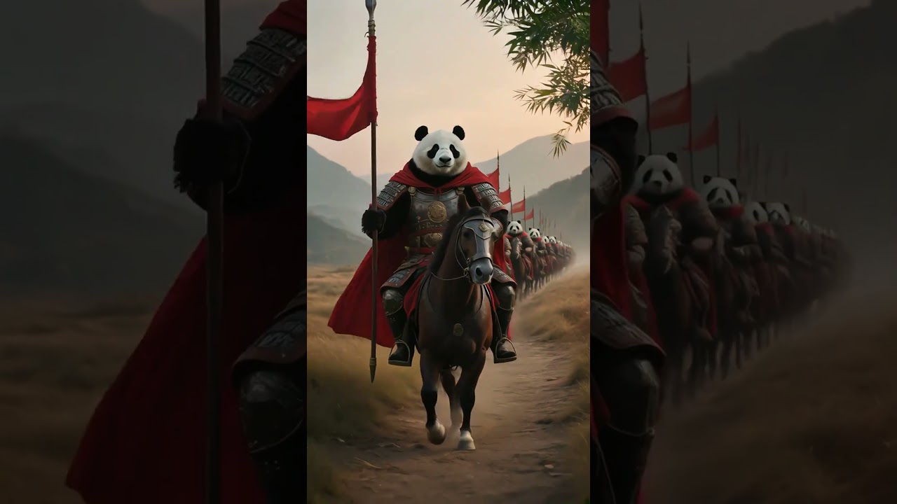 Pandas Gigantes Antropomórficos em Armaduras de Guerreiros Chineses - Robôs de Automação Industrial